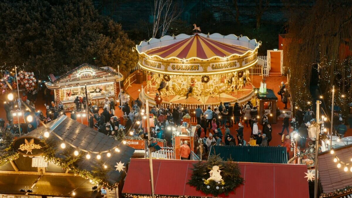 people standing near merry-go-round on amusement park during night time